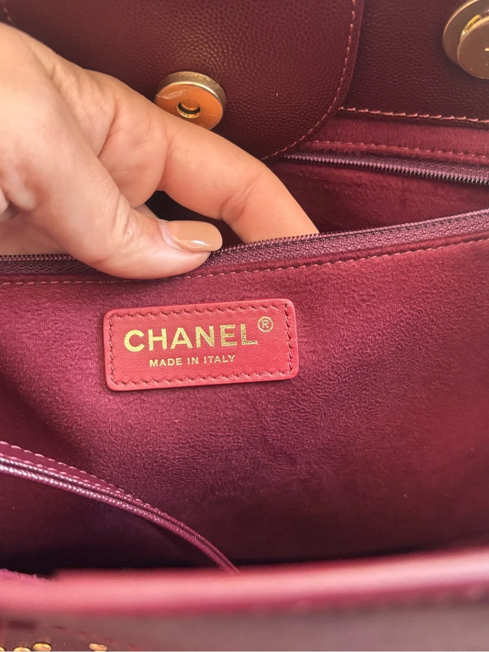 Authentic CHANEL deauville studded caviar leather burgundy tote